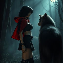 A Gothic-style Little Red Riding Hood with black hair, standing in a dimly lit forest at night, facing a menacing wolf