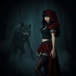 A Gothic-style Little Red Riding Hood with black hair, standing in a dimly lit forest at night, facing a menacing wolf