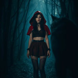 A gothic woman with black hair embodying Little Red Riding Hood, standing in a forest at night facing a wolf