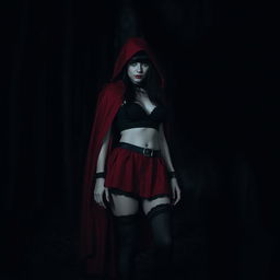 A gothic woman with black hair embodying Little Red Riding Hood, standing in a forest at night facing a wolf