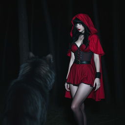 A gothic woman with black hair embodying Little Red Riding Hood, standing in a forest at night facing a wolf