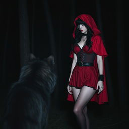 A gothic woman with black hair embodying Little Red Riding Hood, standing in a forest at night facing a wolf