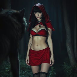 A gothic woman with black hair embodying Little Red Riding Hood, standing in a forest at night facing a wolf