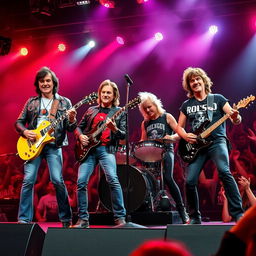 Four male rock musicians on stage performing a high-energy concert