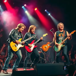 Four male rock musicians on stage performing a high-energy concert