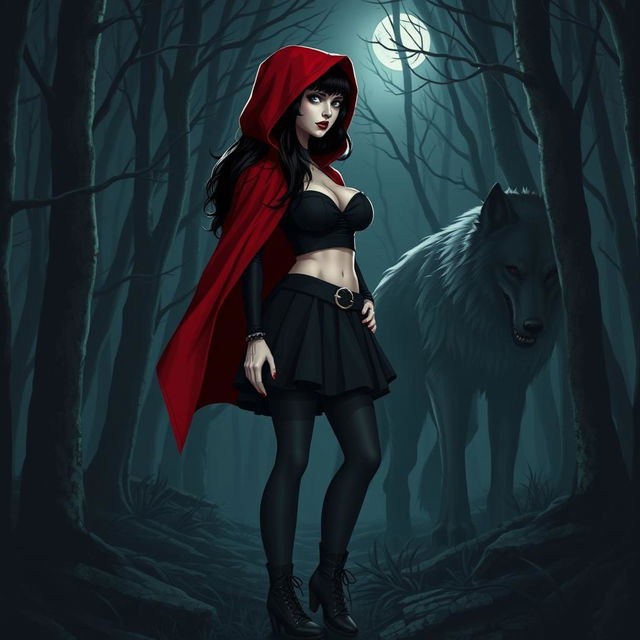 A gothic Little Red Riding Hood character with black hair in a nocturnal forest setting, standing confidently facing a wolf