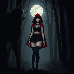 A gothic Little Red Riding Hood character with black hair in a nocturnal forest setting, standing confidently facing a wolf