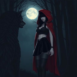 A gothic Little Red Riding Hood character with black hair in a nocturnal forest setting, standing confidently facing a wolf