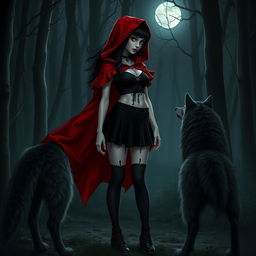 A gothic Little Red Riding Hood character with black hair in a nocturnal forest setting, standing confidently facing a wolf