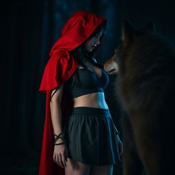 A gothic-inspired Little Red Riding Hood with black hair standing in a dark forest at night