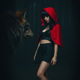 A gothic-inspired Little Red Riding Hood with black hair standing in a dark forest at night