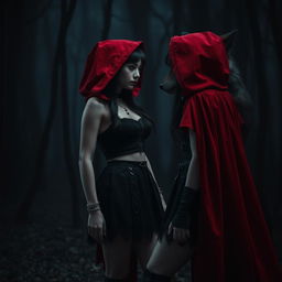 A gothic-inspired Little Red Riding Hood with black hair standing in a dark forest at night