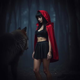 A gothic-inspired Little Red Riding Hood with black hair standing in a dark forest at night