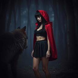 A gothic-inspired Little Red Riding Hood with black hair standing in a dark forest at night