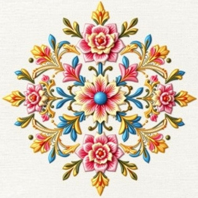 A detailed and elegant embroidery design featuring intricate floral motifs intertwined with geometric patterns