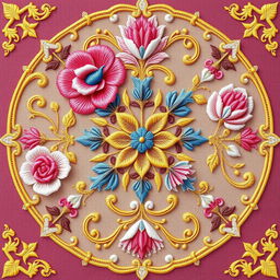 A detailed and elegant embroidery design featuring intricate floral motifs intertwined with geometric patterns