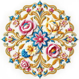 A detailed and elegant embroidery design featuring intricate floral motifs intertwined with geometric patterns