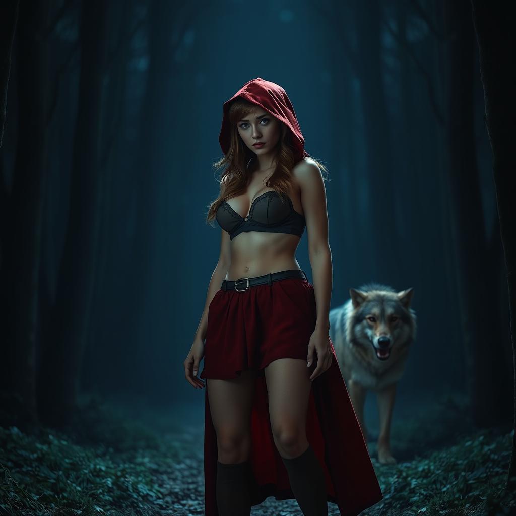 A captivating scene of Little Red Riding Hood in a dark forest at night, bravely standing in front of a wolf