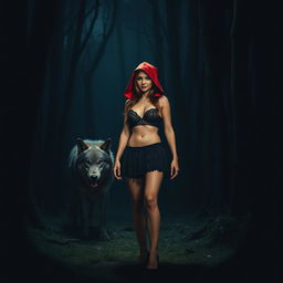 A captivating scene of Little Red Riding Hood in a dark forest at night, bravely standing in front of a wolf