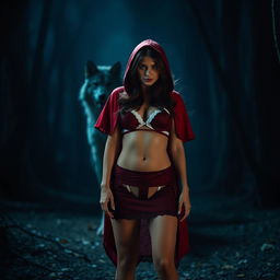 A woman dressed as Little Red Riding Hood in a dark forest at night, standing in front of a wolf