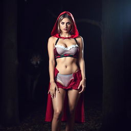 A woman dressed as Little Red Riding Hood in a dark forest at night, standing in front of a wolf