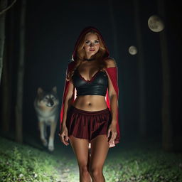 A woman dressed as Little Red Riding Hood in a nighttime forest, standing in front of a wolf