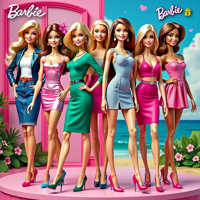 A highly detailed and vibrant Barbie-themed poster showcasing a stylish and glamorous Barbie in a variety of fashionable outfits