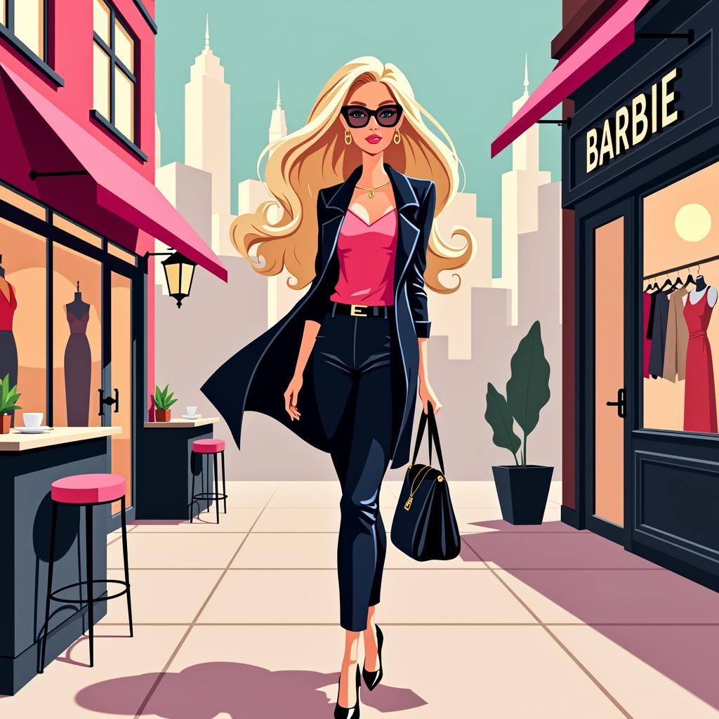 A distinctively styled Barbie poster featuring an elegant and modern Barbie character in a chic urban setting