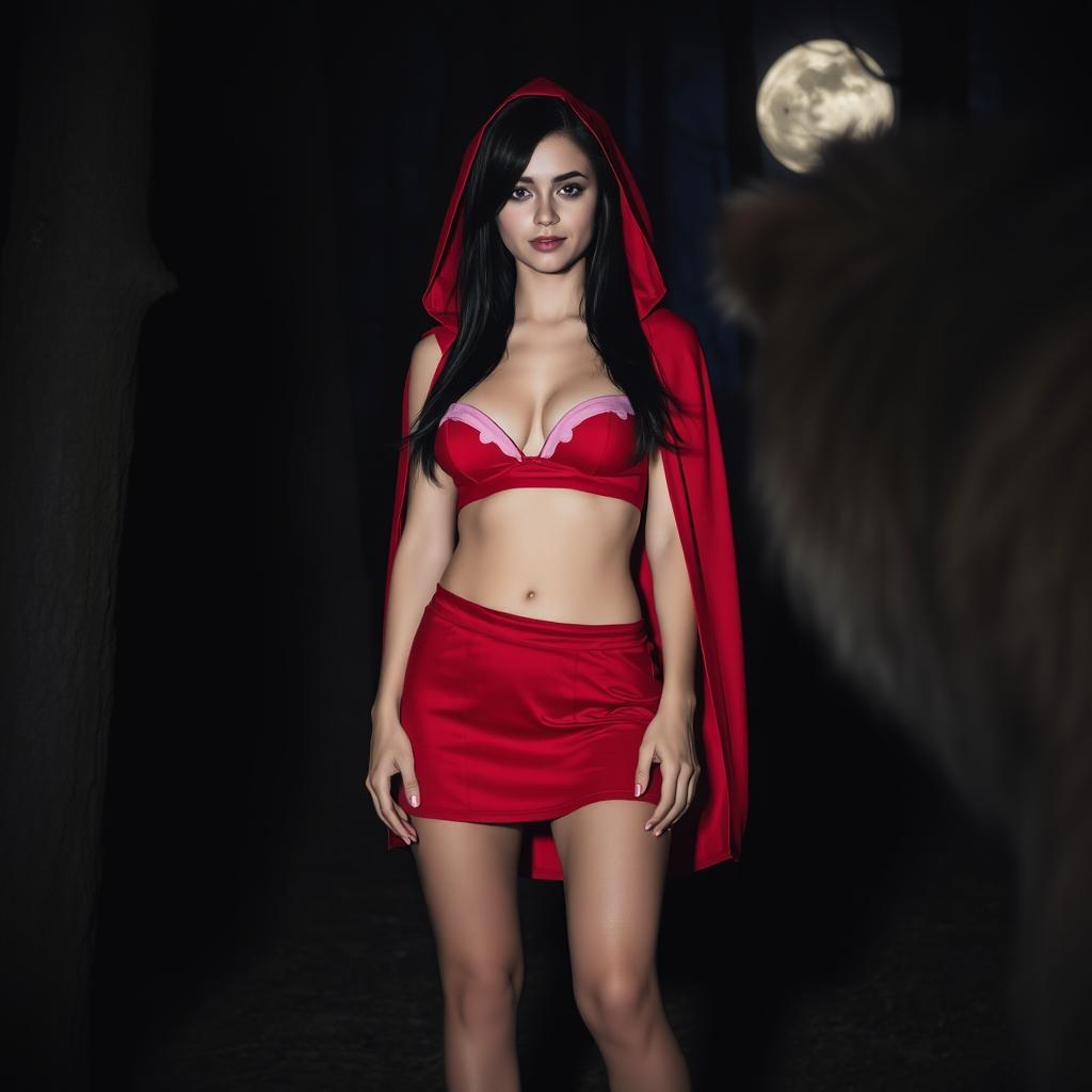 A woman dressed as a contemporary Little Red Riding Hood standing in a mysterious, dimly lit forest at night, facing a wolf