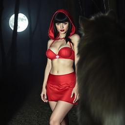 A woman dressed as a contemporary Little Red Riding Hood standing in a mysterious, dimly lit forest at night, facing a wolf