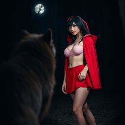 A woman dressed as a contemporary Little Red Riding Hood standing in a mysterious, dimly lit forest at night, facing a wolf