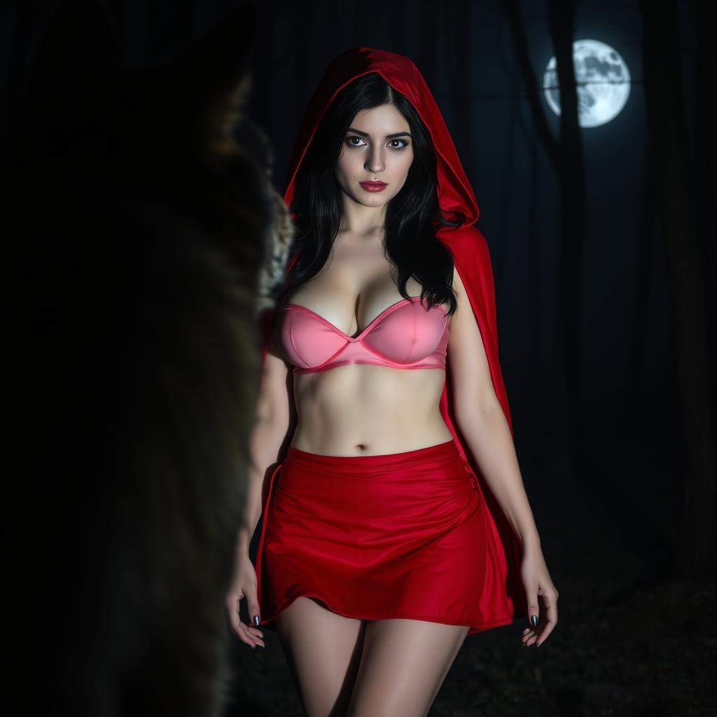 A woman dressed as a contemporary Little Red Riding Hood standing in a mysterious, dimly lit forest at night, facing a wolf