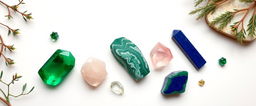 A stunning arrangement of crystals on a pristine white background, featuring emerald, rose quartz, green aventurine, lapis lazuli, and malachite