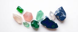 A stunning arrangement of crystals on a pristine white background, featuring emerald, rose quartz, green aventurine, lapis lazuli, and malachite