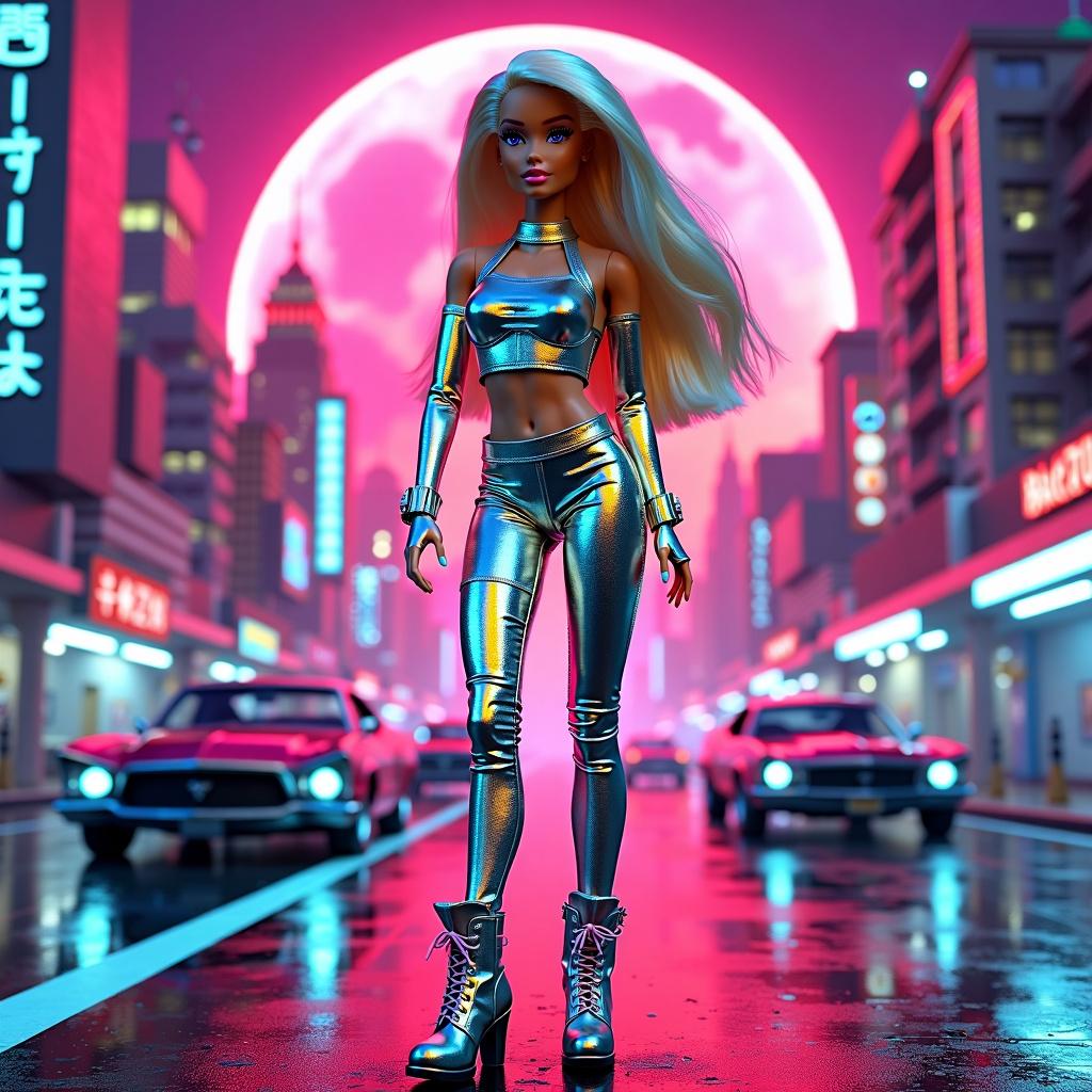 A uniquely stylized Barbie poster featuring a retro-futuristic themed Barbie character set in a sci-fi environment