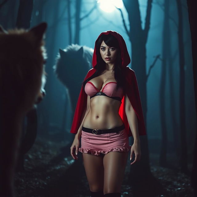 A woman dressed as Little Red Riding Hood in a dark forest at night facing a wolf