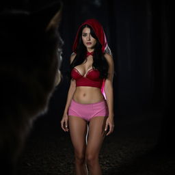 A woman dressed as Little Red Riding Hood in a dark forest at night facing a wolf