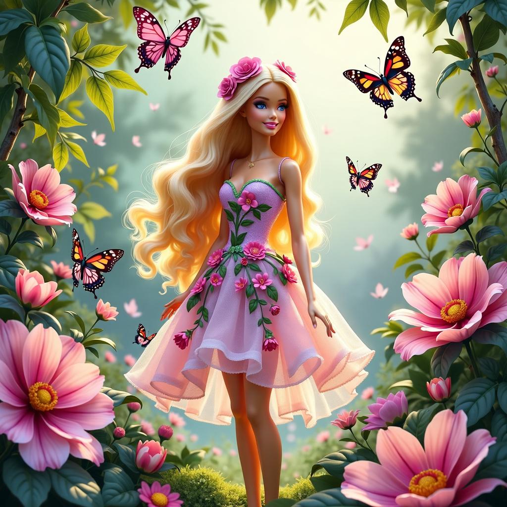 A uniquely styled Barbie poster featuring a whimsical and watercolor-inspired Barbie character in a fantasy garden setting