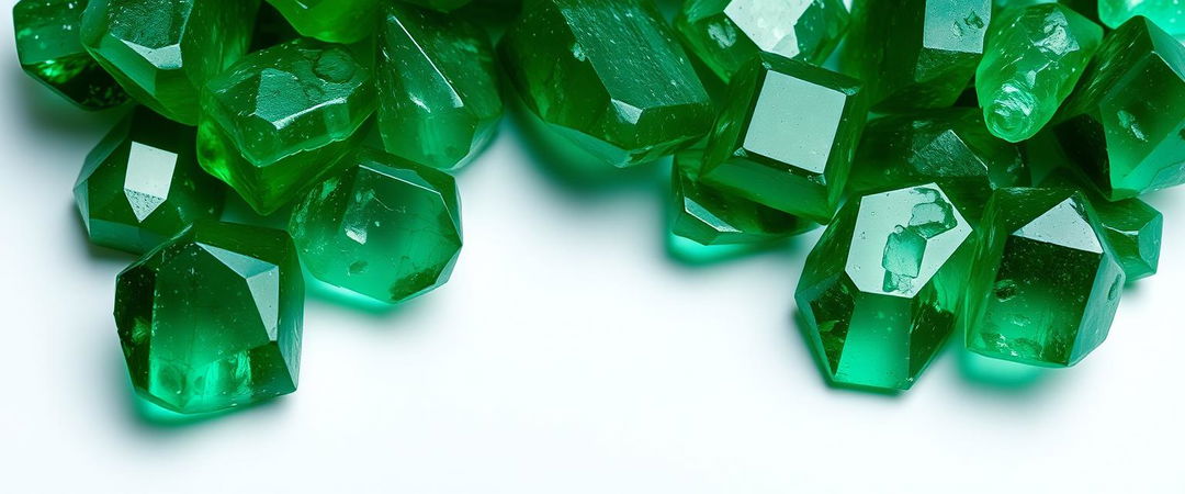 A close-up view of a cluster of emerald crystals resting on a pristine white background