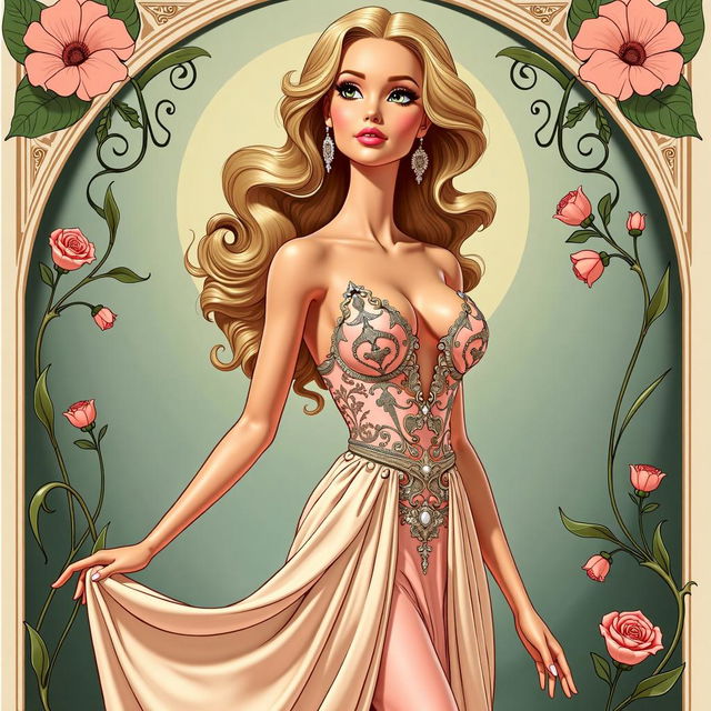 A uniquely artistic Barbie poster showcasing Barbie in an elegant art nouveau style