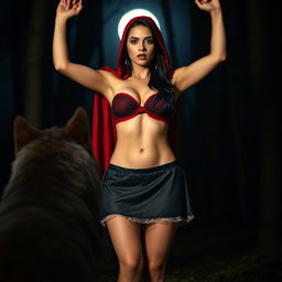 A woman dressed as Little Red Riding Hood in a mysterious nighttime forest setting, standing across from a wolf