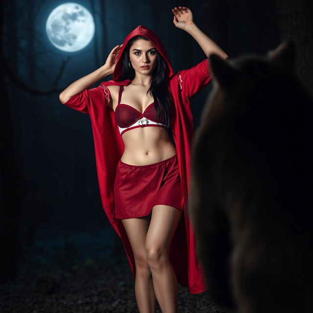 A woman dressed as Little Red Riding Hood in a mysterious nighttime forest setting, standing across from a wolf