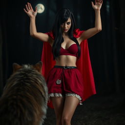 A woman dressed as Little Red Riding Hood in a mysterious nighttime forest setting, standing across from a wolf