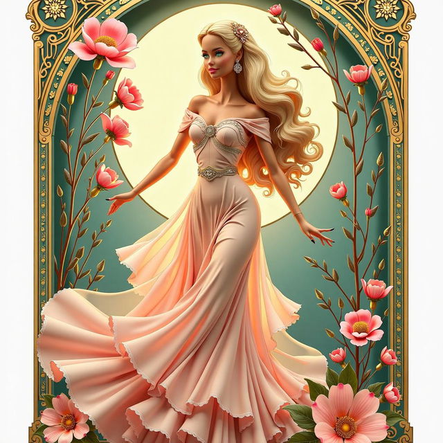 A unique Barbie poster featuring an art nouveau style, showcasing Barbie in an elegant and whimsical setting