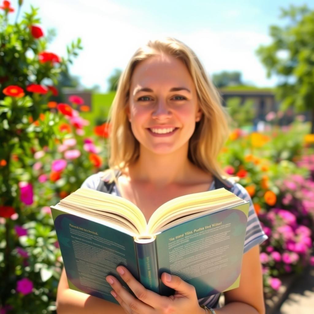 A person holding a book, standing outdoors on a sunny day