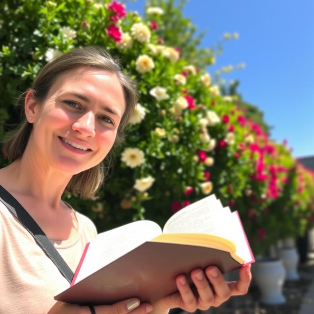 A person holding a book, standing outdoors on a sunny day