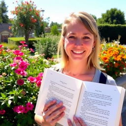 A person holding a book, standing outdoors on a sunny day