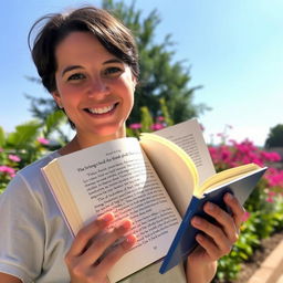 A person holding a book, standing outdoors on a sunny day