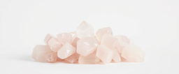 A beautiful cluster of rose quartz crystals set against a stark white background