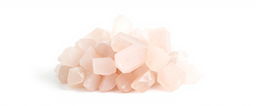 A beautiful cluster of rose quartz crystals set against a stark white background